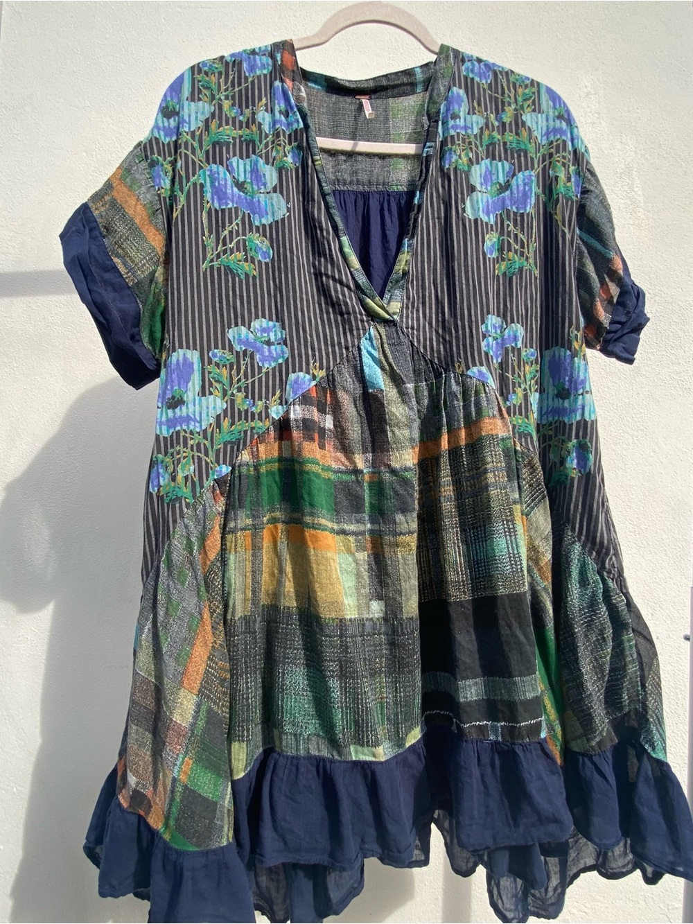 Free People Blue Green & Orange Floral Stripe Plaid Swing Mini Dress Small